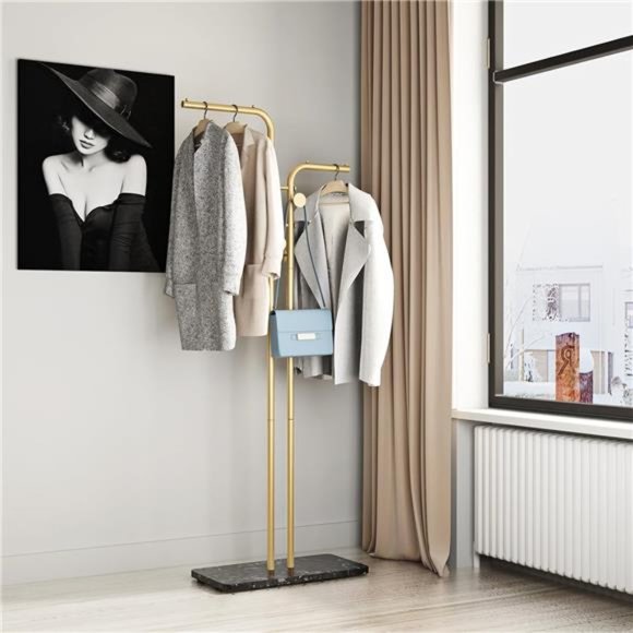 Metal Coat Rack with Natural Marble Base 4 Hooks f (Gold/black Base)